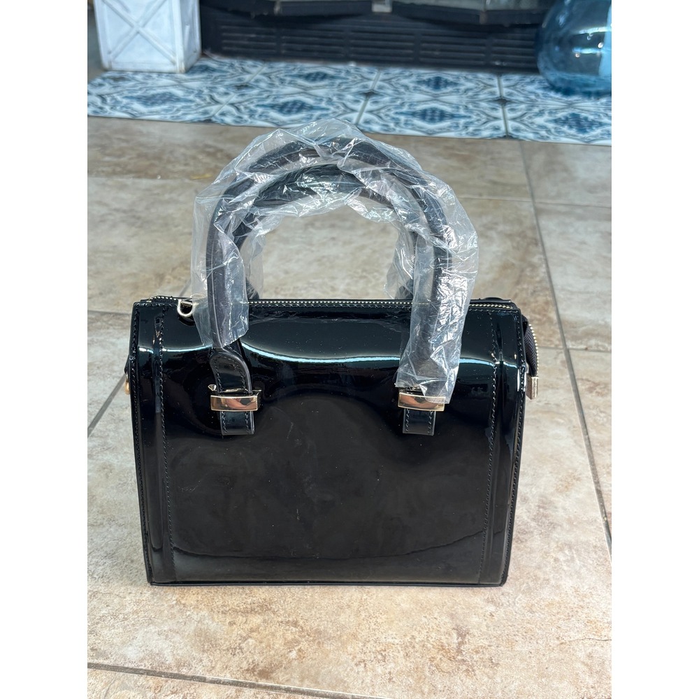 Dasein Black Patent Faux Leather Satchel Crossbody Bag Gold Hardware New